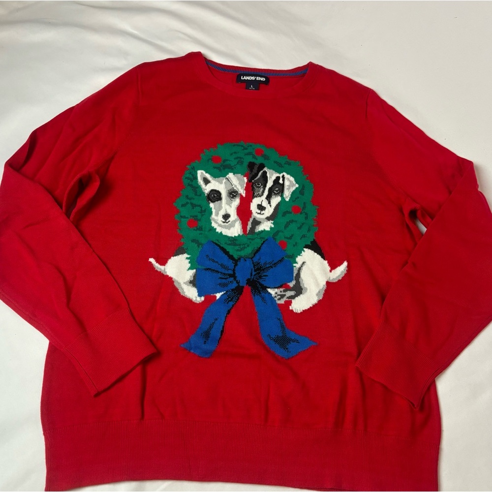 NWT Lands End Women’s Rich Red Blue Ribbon Puppies Pullover Sweater L Christmas